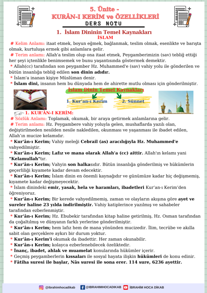 5.1. İslam Dininin Temel Kaynakları 1 5.1. İslam Dininin Temel Kaynakları