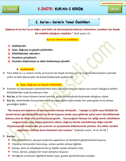 5. Sınıf DKAB 2. Kur’an-ı Kerim’in Temel Özellikleri 1 image 1